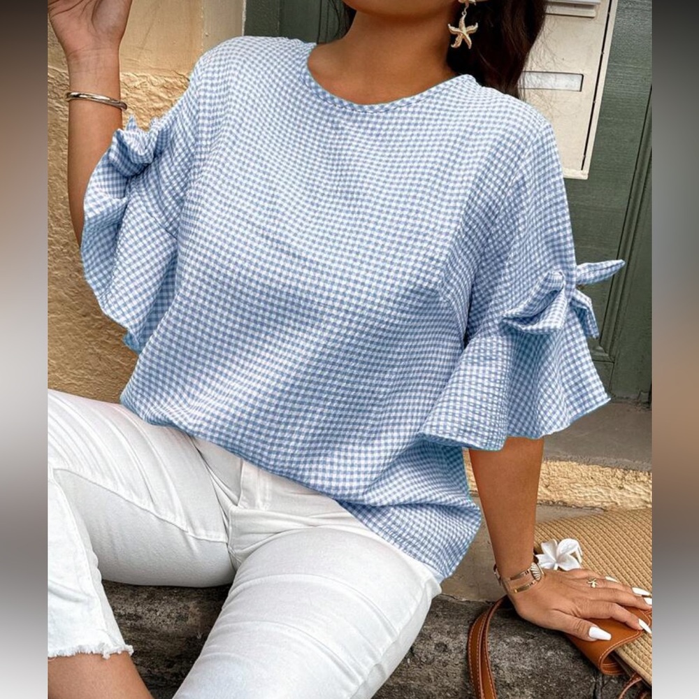 Blue Gingham  Ruffle Sleeve Tie Top Blouse Shirt